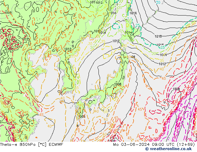 Theta-e 850hPa ECMWF Mo 03.06.2024 09 UTC