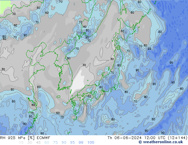 Humidité rel. 925 hPa ECMWF jeu 06.06.2024 12 UTC