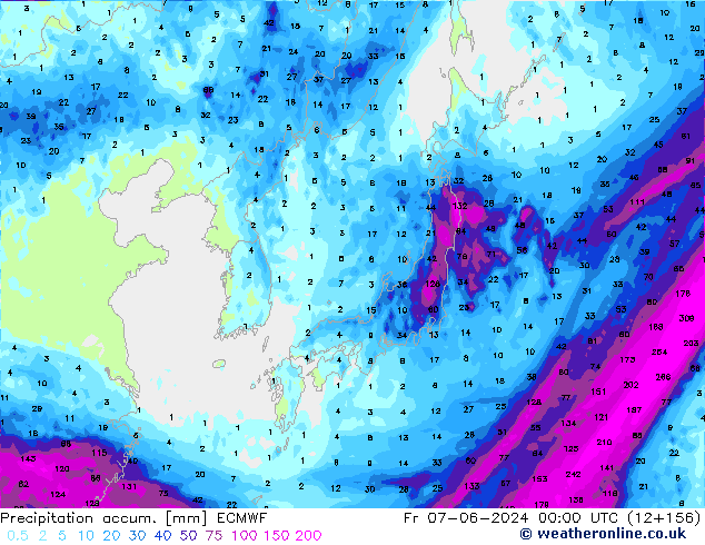 Precipitation accum. ECMWF Pá 07.06.2024 00 UTC