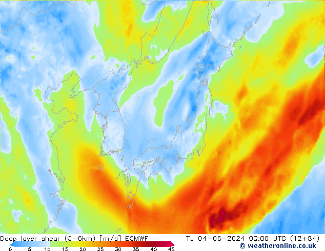 Deep layer shear (0-6km) ECMWF  04.06.2024 00 UTC