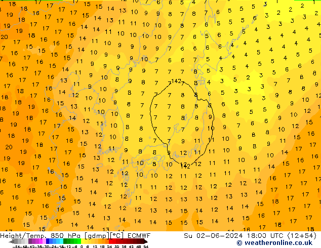 Yükseklik/Sıc. 850 hPa ECMWF Paz 02.06.2024 18 UTC