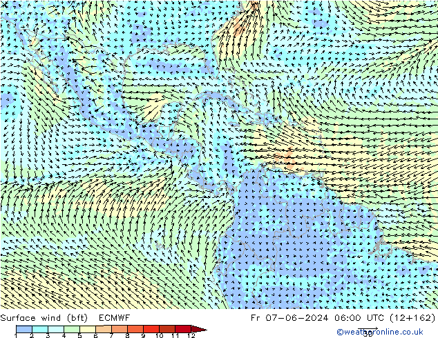 Vent 10 m (bft) ECMWF ven 07.06.2024 06 UTC