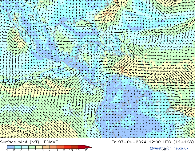 Surface wind (bft) ECMWF Fr 07.06.2024 12 UTC