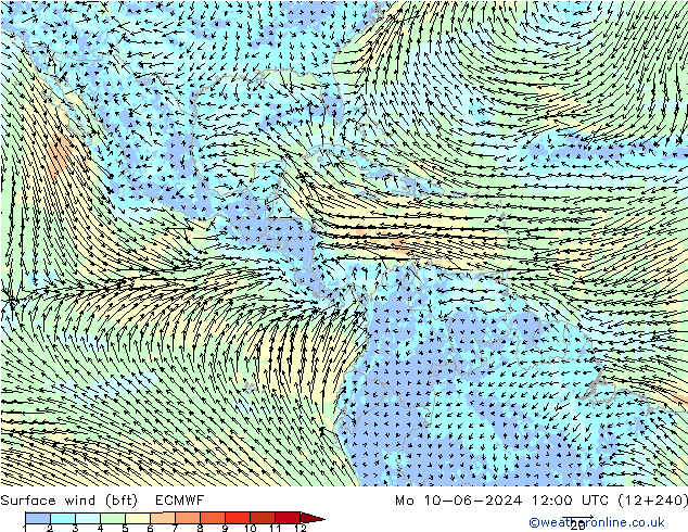 Wind 10 m (bft) ECMWF ma 10.06.2024 12 UTC