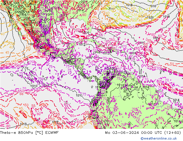 Theta-e 850hPa ECMWF Mo 03.06.2024 00 UTC