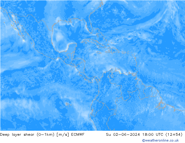 Deep layer shear (0-1km) ECMWF zo 02.06.2024 18 UTC