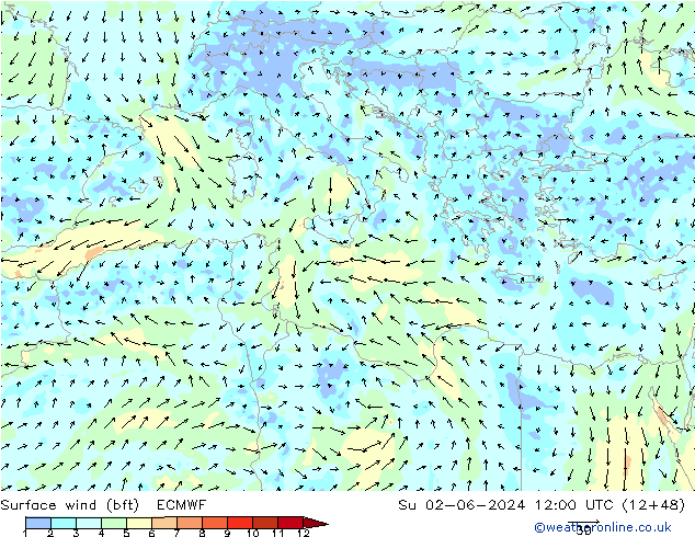 Surface wind (bft) ECMWF Su 02.06.2024 12 UTC