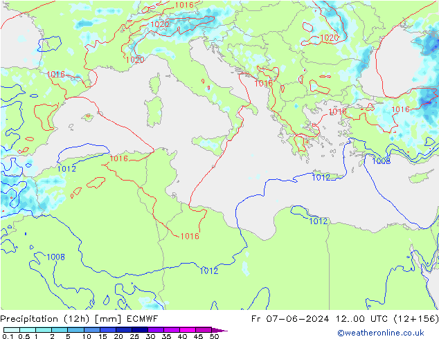 Precipitation (12h) ECMWF Pá 07.06.2024 00 UTC