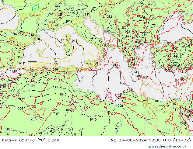 Theta-e 850hPa ECMWF lun 03.06.2024 12 UTC