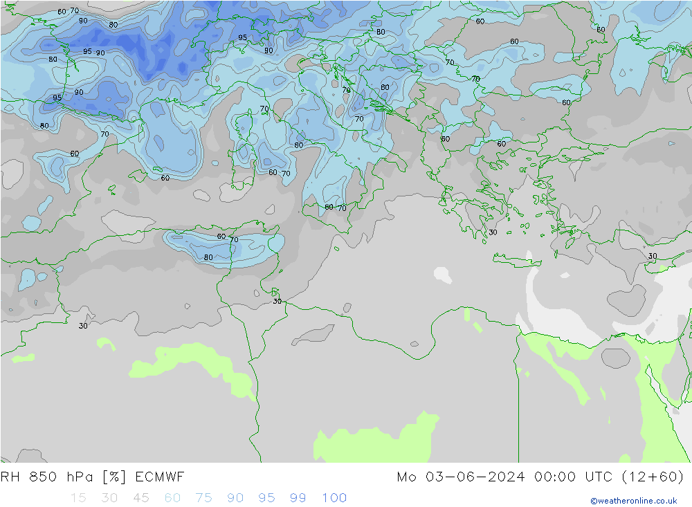 Humedad rel. 850hPa ECMWF lun 03.06.2024 00 UTC