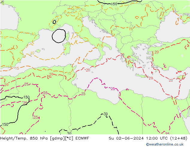 Z500/Rain (+SLP)/Z850 ECMWF Dom 02.06.2024 12 UTC