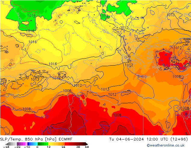 SLP/Temp. 850 hPa ECMWF Tu 04.06.2024 12 UTC