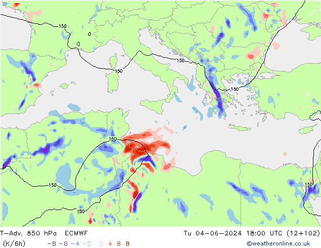 T-Adv. 850 hPa ECMWF wto. 04.06.2024 18 UTC