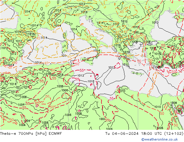 Theta-e 700hPa ECMWF Ter 04.06.2024 18 UTC