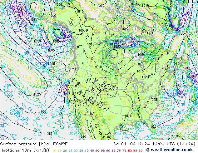 Isotachs (kph) ECMWF So 01.06.2024 12 UTC