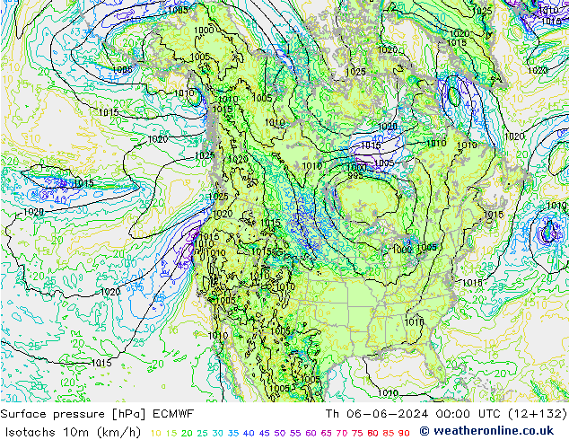 Isotachs (kph) ECMWF Th 06.06.2024 00 UTC