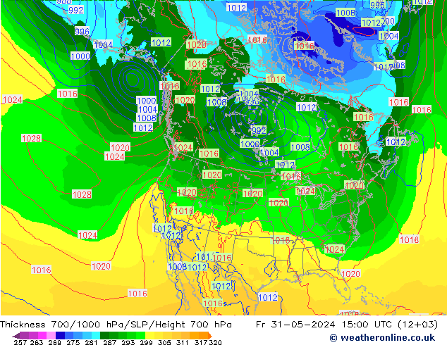 Thck 700-1000 гПа ECMWF пт 31.05.2024 15 UTC