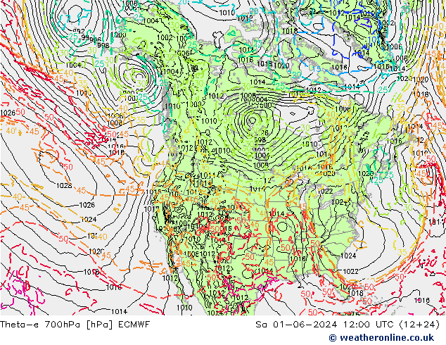 Theta-e 700hPa ECMWF sam 01.06.2024 12 UTC