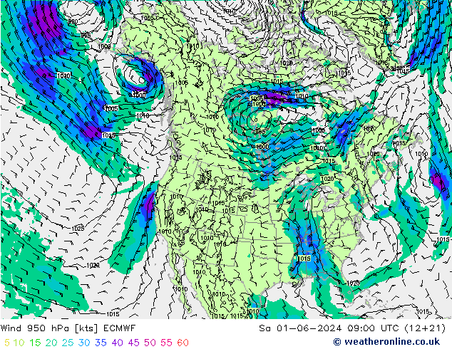 Vento 950 hPa ECMWF sab 01.06.2024 09 UTC