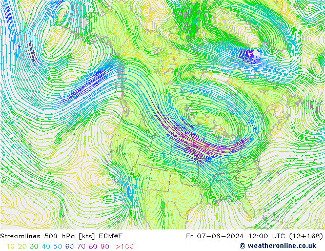 Ligne de courant 500 hPa ECMWF ven 07.06.2024 12 UTC