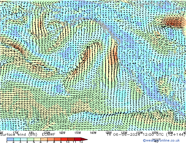 Vento 10 m (bft) ECMWF gio 06.06.2024 12 UTC