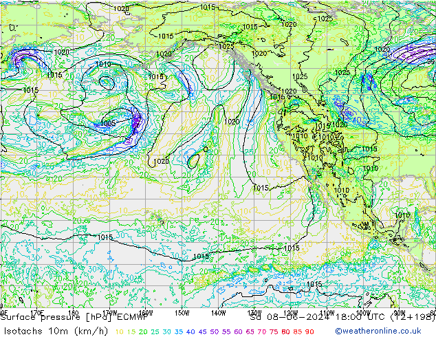 Izotacha (km/godz) ECMWF so. 08.06.2024 18 UTC