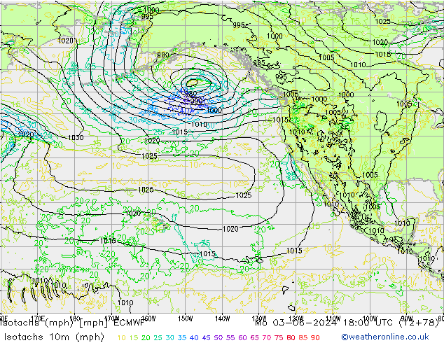 Izotacha (mph) ECMWF pon. 03.06.2024 18 UTC