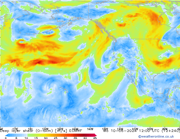 Deep layer shear (0-6km) ECMWF Pzt 10.06.2024 12 UTC