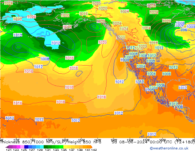 Thck 850-1000 hPa ECMWF Sáb 08.06.2024 00 UTC