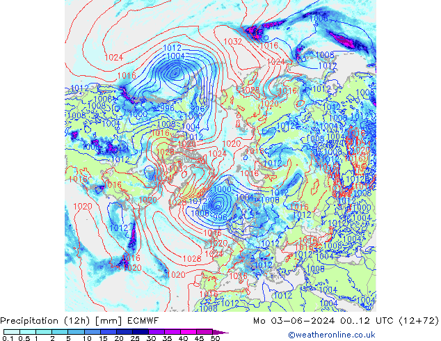 Precipitation (12h) ECMWF Mo 03.06.2024 12 UTC