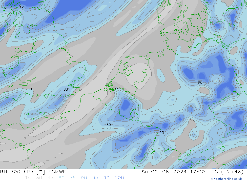 Humidité rel. 300 hPa ECMWF dim 02.06.2024 12 UTC
