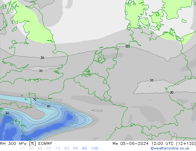 RH 300 гПа ECMWF ср 05.06.2024 12 UTC