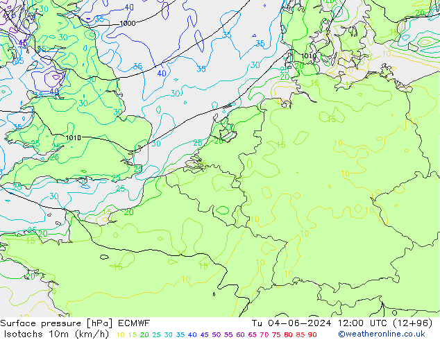 Isotachen (km/h) ECMWF Di 04.06.2024 12 UTC