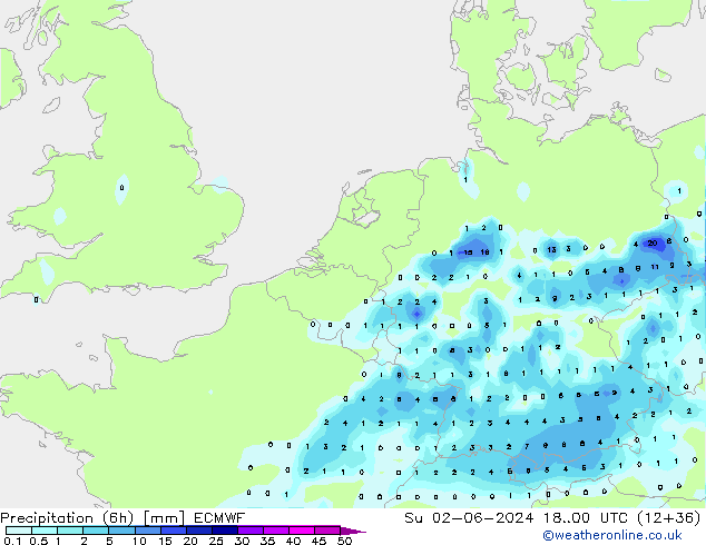 Precipitation (6h) ECMWF Su 02.06.2024 00 UTC