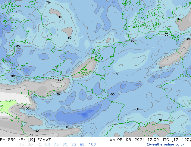 RH 850 гПа ECMWF ср 05.06.2024 12 UTC