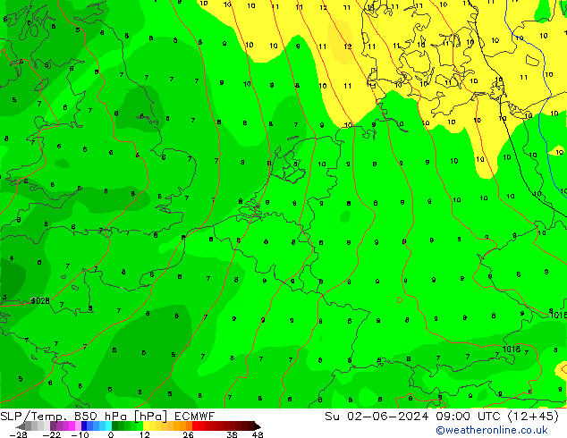 SLP/Temp. 850 hPa ECMWF dom 02.06.2024 09 UTC