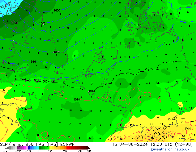 SLP/Temp. 850 hPa ECMWF Di 04.06.2024 12 UTC