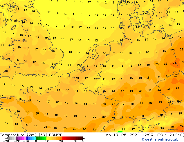 Temperature (2m) ECMWF Mo 10.06.2024 12 UTC