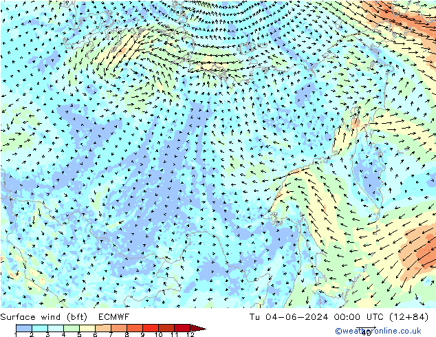 wiatr 10 m (bft) ECMWF wto. 04.06.2024 00 UTC