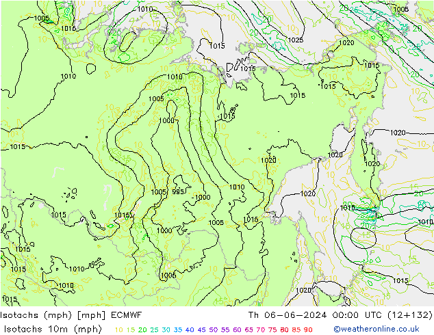 Izotacha (mph) ECMWF czw. 06.06.2024 00 UTC