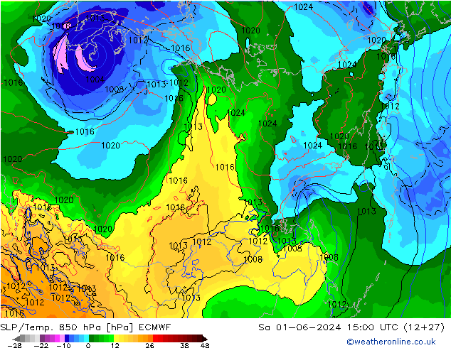 SLP/Temp. 850 гПа ECMWF сб 01.06.2024 15 UTC