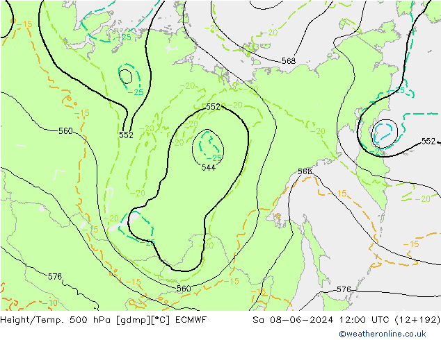 Z500/Rain (+SLP)/Z850 ECMWF Sa 08.06.2024 12 UTC