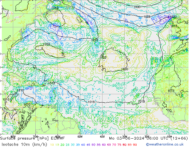 Isotachs (kph) ECMWF Mo 03.06.2024 06 UTC