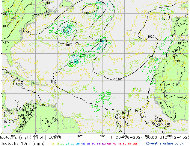 Isotachs (mph) ECMWF Th 06.06.2024 00 UTC