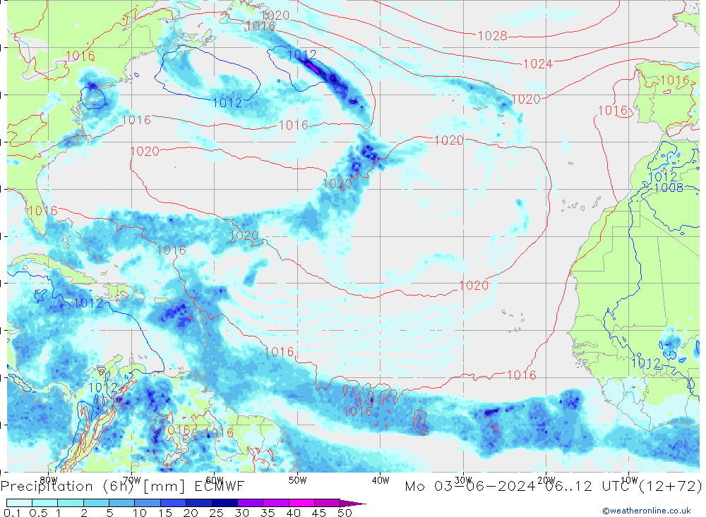 Z500/Rain (+SLP)/Z850 ECMWF pon. 03.06.2024 12 UTC