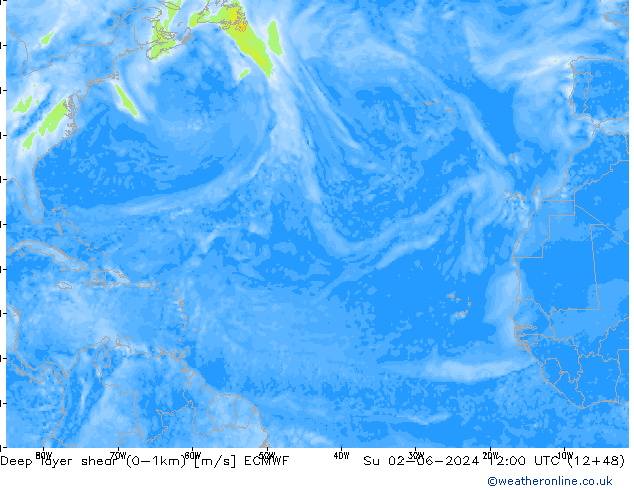 Deep layer shear (0-1km) ECMWF Su 02.06.2024 12 UTC