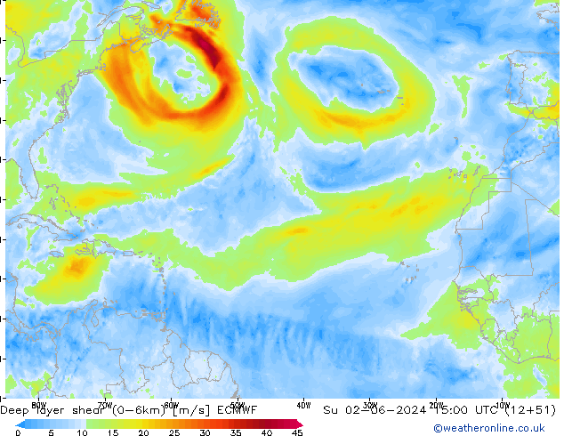 Deep layer shear (0-6km) ECMWF Paz 02.06.2024 15 UTC