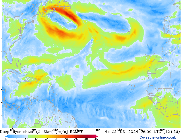 Deep layer shear (0-6km) ECMWF Mo 03.06.2024 06 UTC