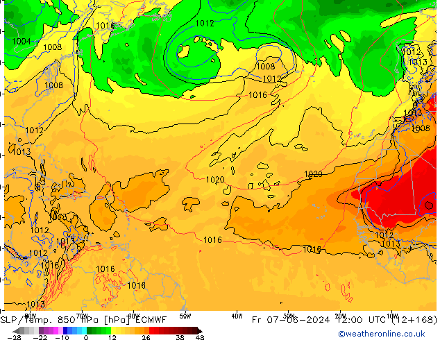 SLP/Temp. 850 hPa ECMWF Fr 07.06.2024 12 UTC