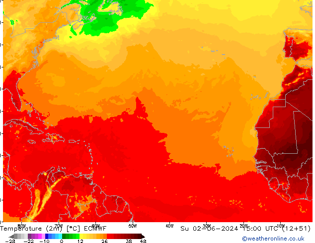 Temperatuurkaart (2m) ECMWF zo 02.06.2024 15 UTC